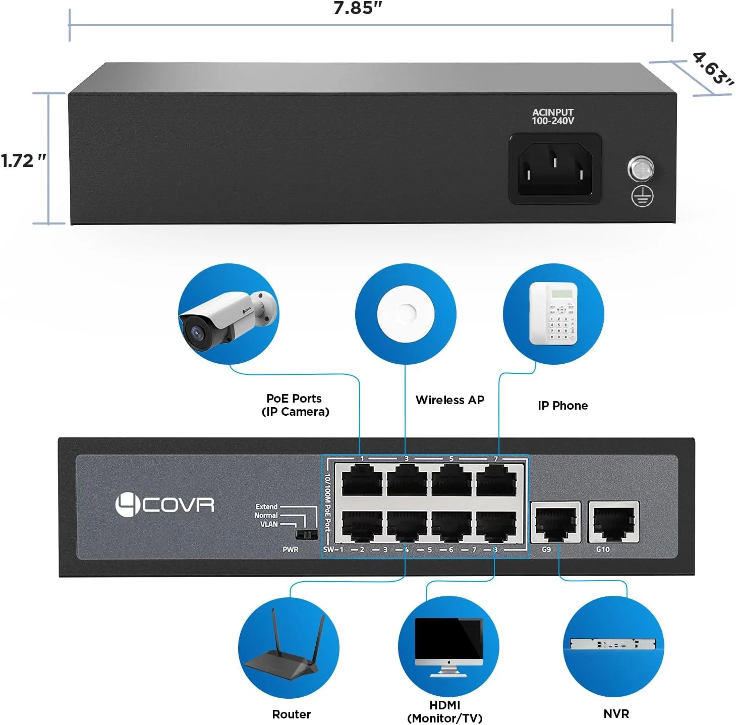 سوئیچ اترنت PoE با 8 پورت 4COVR، توان 120 وات (AC100-240V)، دارای 2 پورت آپلینک گیگابیتی RJ45، پشتیبانی از دوربین های امنیتی PoE IP با کیفیت 4K 8MP 5MP، سازگار با استاندارد 802.3af/at، بدنه فلزی، قابلیت Plug and Play، محافظت در برابر صاعقه، مدل LY-POE08