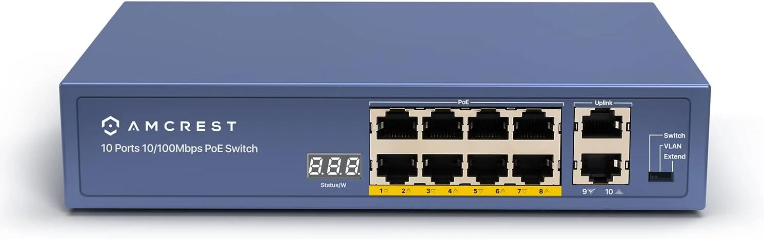 سوئیچ POE+ نه پورت Amcrest با بدنه فلزی، 8 پورت POE+ 802.3at 96w (AMPS9E8P-AT-96)
