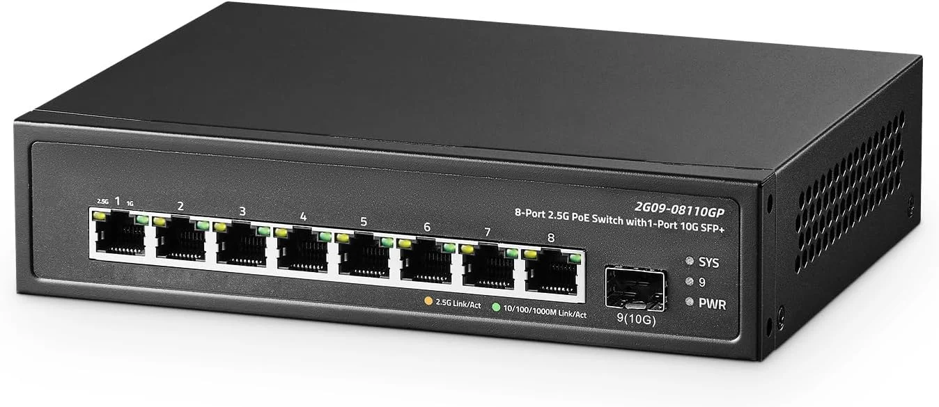 سوئیچ PoE نه پورت 2.5G Binardat با پورت 10G SFP+، هشت پورت Base-T 2.5 گیگابیتی، IEEE802.3af/at 135W، سوئیچ اترنت بدون فن قابل نصب در رک