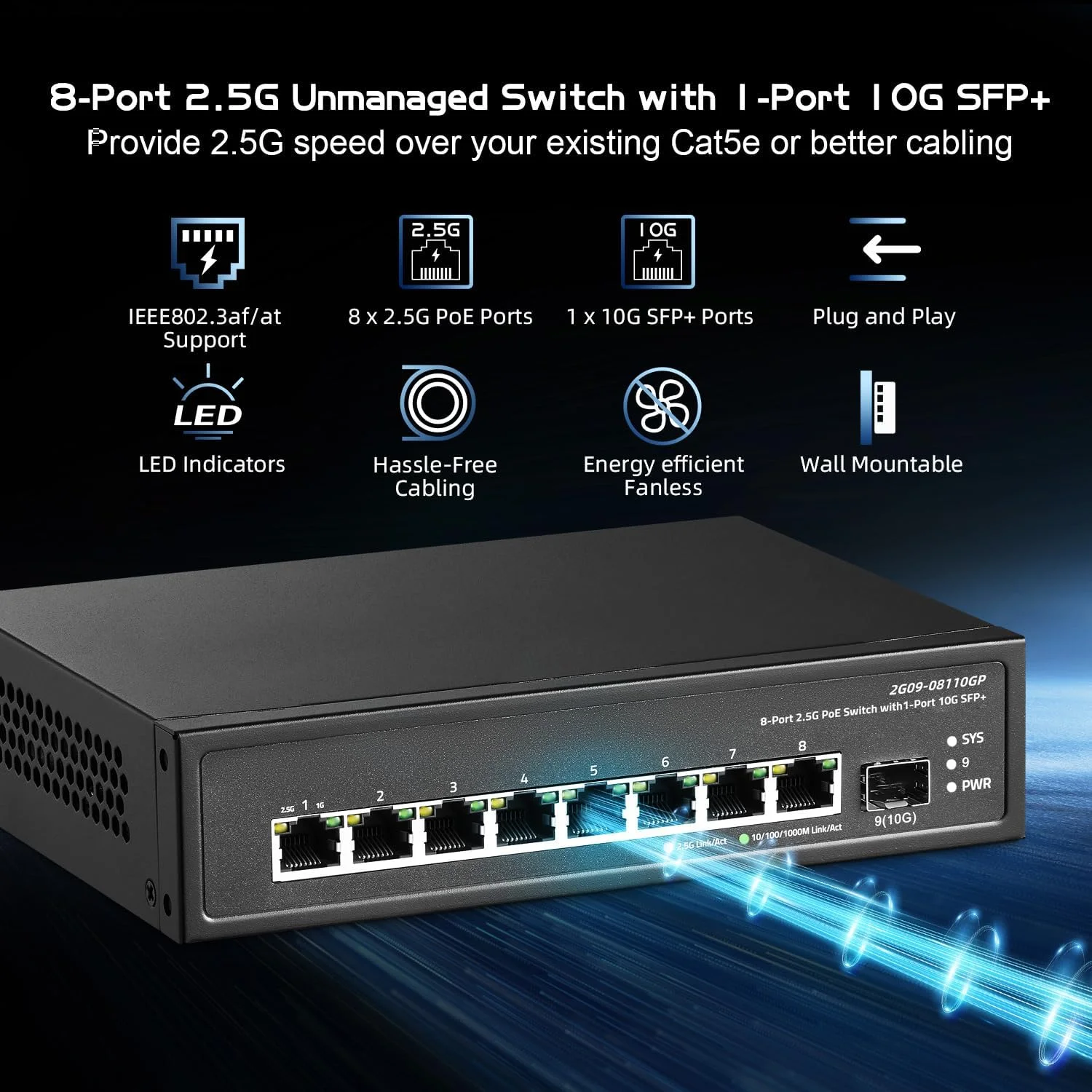 سوئیچ PoE نه پورت 2.5G Binardat با پورت 10G SFP+، هشت پورت Base-T 2.5 گیگابیتی، IEEE802.3af/at 135W، سوئیچ اترنت بدون فن قابل نصب در رک