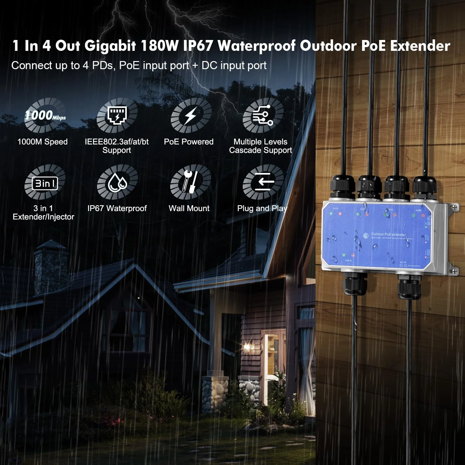 سوئیچ گیگابیتی PoE پاس-ترو بیناردات IP67 مناسب فضای باز، 1 ورودی PoE به 4 خروجی PoE، توسعه دهنده، IEEE802.3af/at/bt با توان 90W، اترنت 10/100/1000Mbps، نصب دیواری فلزی ضد آب، Plug and Play