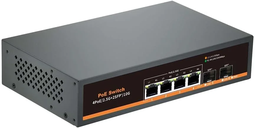 سوئیچ غیر مدیریتی PoE 2.5G با 4 پورت 2.5G Base-T و 2 پورت آپلینک 10G SFP، سازگار با 100/1000/2500Mbps، طراحی بدون فن، Plug & Play، سوئیچ اترنت 2.5Gb