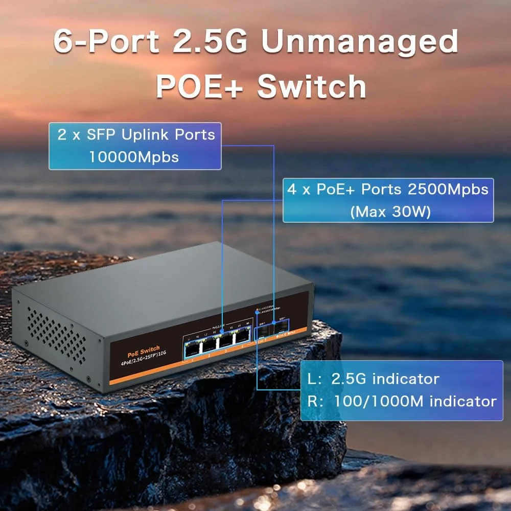 سوئیچ غیر مدیریتی PoE 2.5G با 4 پورت 2.5G Base-T و 2 پورت آپلینک 10G SFP، سازگار با 100/1000/2500Mbps، طراحی بدون فن، Plug & Play، سوئیچ اترنت 2.5Gb