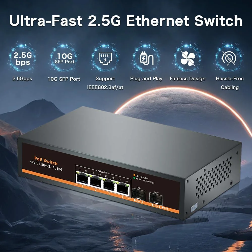 سوئیچ غیر مدیریتی PoE 2.5G با 4 پورت 2.5G Base-T و 2 پورت آپلینک 10G SFP، سازگار با 100/1000/2500Mbps، طراحی بدون فن، Plug & Play، سوئیچ اترنت 2.5Gb