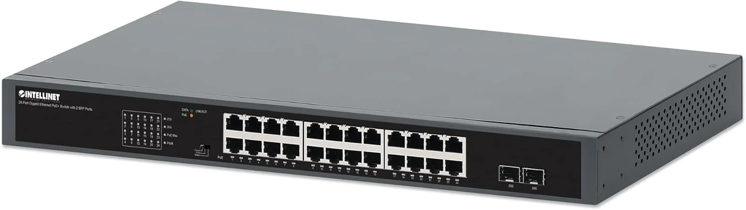 سوئیچ اترنت گیگابیتی 24 پورت PoE+ اینتلینت 561907 با 2 پورت SFP - مشکی