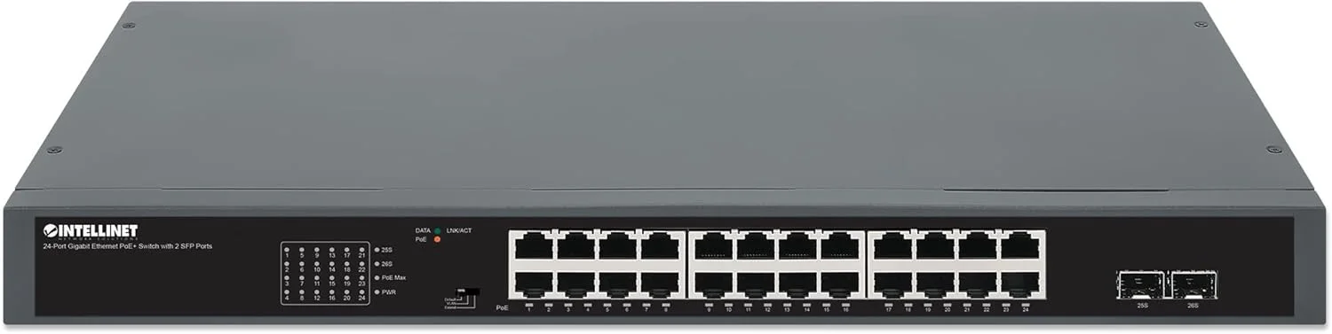 سوئیچ اترنت گیگابیتی 24 پورت PoE+ اینتلینت 561907 با 2 پورت SFP - مشکی