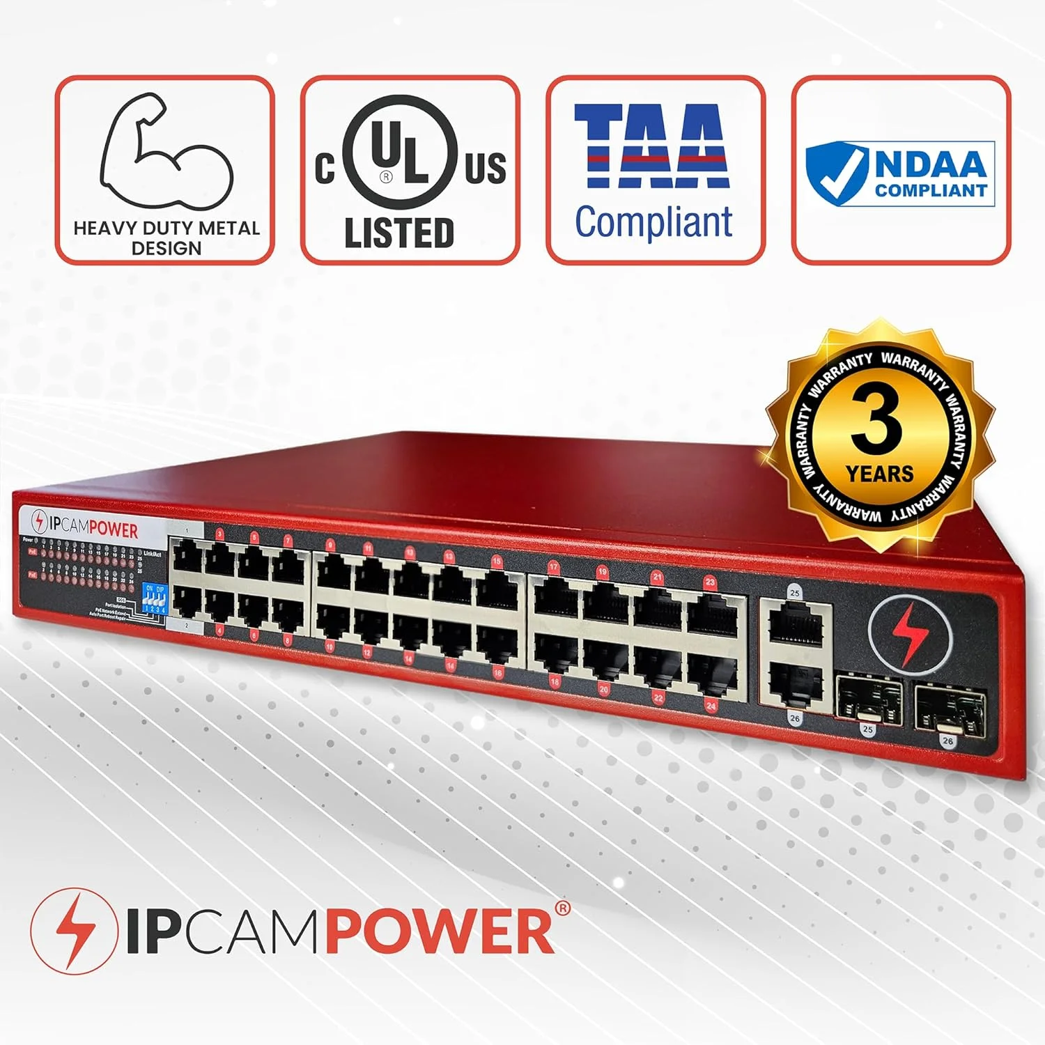 سوئیچ شبکه غیر مدیریتی 24 پورت POE با 2 پورت آپلینک گیگابیتی، 30 وات POE+ در هر پورت، بودجه کلی 360 وات، دارای گواهینامه UL و سازگار با TAA