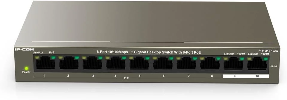 سوئیچ رومیزی 8 پورت 10/100Mbps + 2 گیگابیتی IP-COM F1110P-8-102W با 8 پورت PoE
