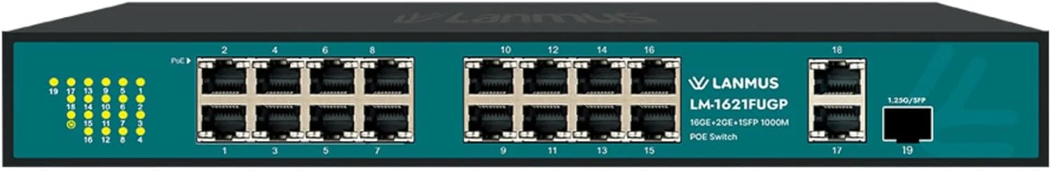 سوئیچ 16 پورت گیگابیتی PoE لنموس مدل LM-1621FUGP | 16GE + 2GE + 1SFP | توان 260 وات | سوئیچ اترنت رومیزی بدون نیاز به تنظیمات | نصب آسان | بدنه فلزی | مناسب برای دوربین مداربسته، دوربین های IP، ویپ، شبکه های اداری