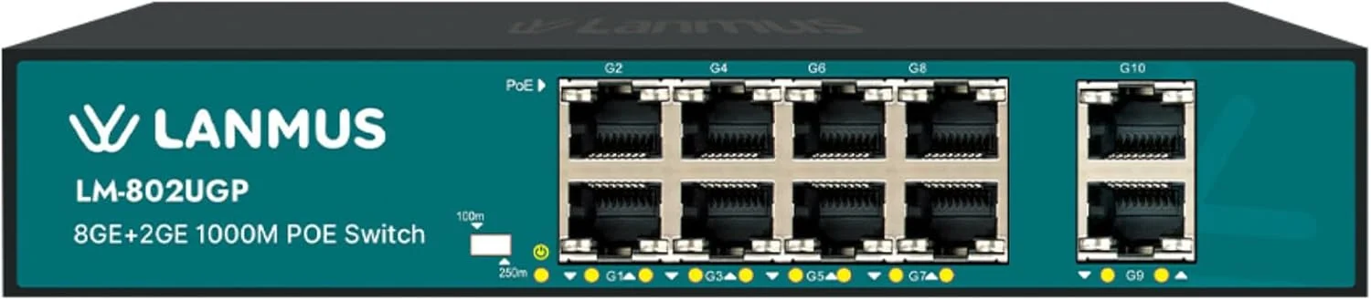 سوئیچ 8 پورت گیگابیتی PoE مدل LM-802UGP | 120W | 8GE + 2 Uplink | نصب آسان | محافظت در برابر تخلیه الکترواستاتیکی | مناسب برای دوربین مداربسته، دوربین های IP، دفتر کار