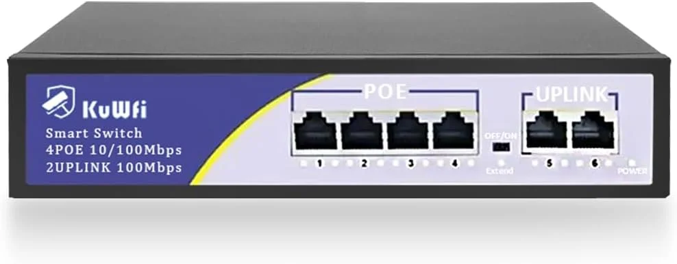 سوئیچ اترنت KuWFi با 6 پورت، سوئیچ PoE 10/100 مگابیت بر ثانیه با 4 پورت PoE+ @72W و 2 پورت آپلینک اترنت سریع، حسگر خودکار، پلاگ اند پلی، IEEE 802.3af، برای AP بی سیم، دوربین های IP و دستگاه های PoE