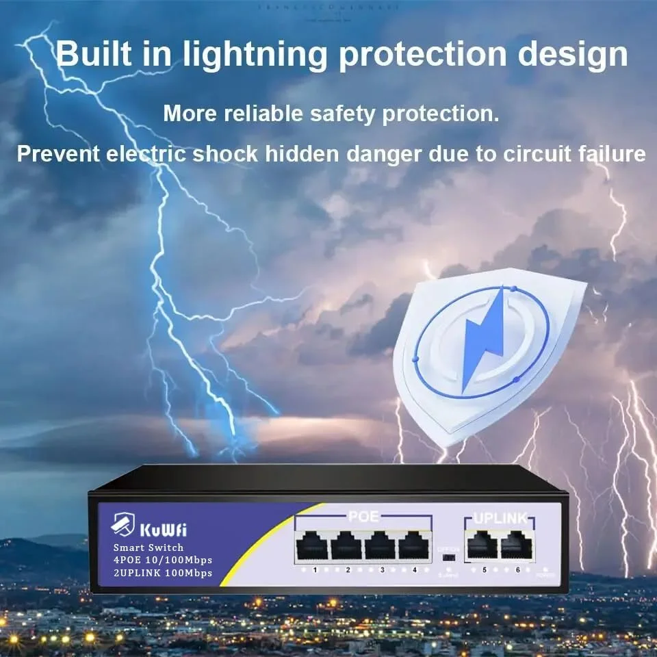 سوئیچ اترنت KuWFi با 6 پورت، سوئیچ PoE 10/100 مگابیت بر ثانیه با 4 پورت PoE+ @72W و 2 پورت آپلینک اترنت سریع، حسگر خودکار، پلاگ اند پلی، IEEE 802.3af، برای AP بی سیم، دوربین های IP و دستگاه های PoE