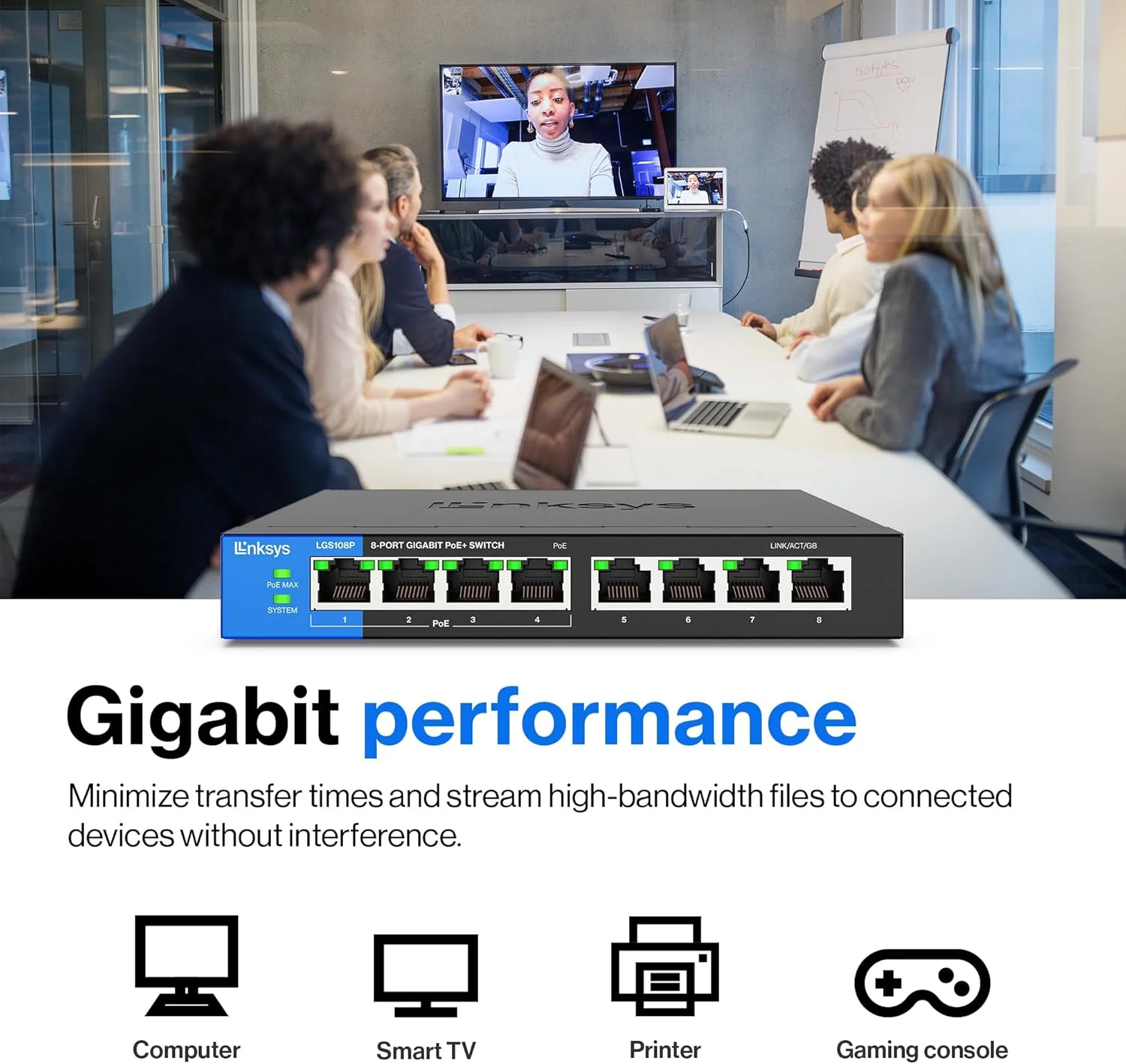 سوییچ گیگابیتی مدیریتی 8 پورت PoE+ مشکی رنگ لینکسیس برای حرفه ای ها