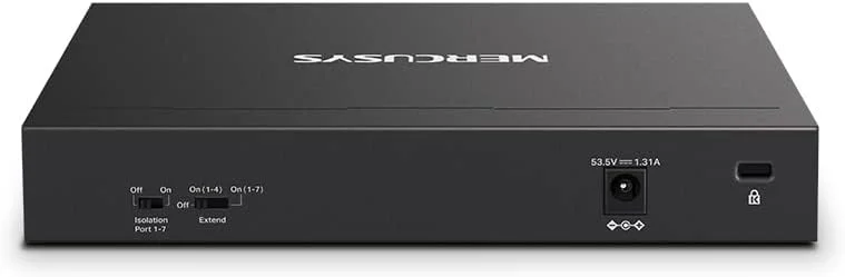 سوئیچ گیگابیتی 8 پورت کامپیوتر مرکوسیس با 7 پورت PoE+، توان PoE 65 وات، پشتیبانی از 802.3af/at PDs، مدیریت توان، بدنه فلزی، نصب آسان، بدون نیاز به پیکربندی