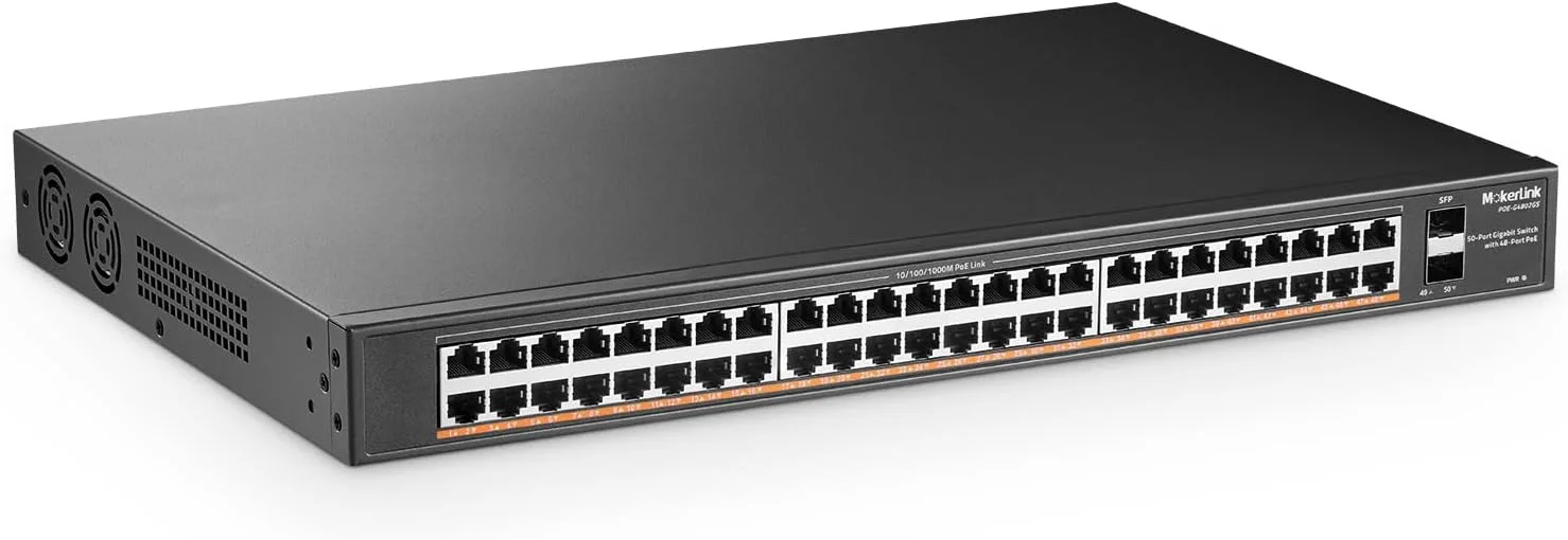 سوئیچ گیگابیتی 48 پورت PoE MokerLink با 2 پورت SFP گیگابیتی، 800 وات IEEE802.3af/at با تشخیص AI، سوئیچ اترنت فلزی رک مونت بدون نیاز به مدیریت و Plug and Play