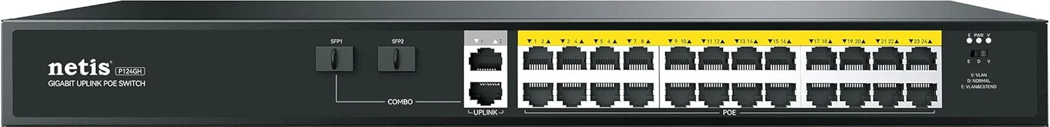 سوئیچ آپلینک POE نتیس P124GH؛ دارای 24 پورت POE با سرعت 10/100M (انتقال دیتا/تغذیه برق)، 1 پورت RJ45 با سرعت 10/100/1000M (انتقال دیتا)، 1 اسلات آپلینک SFP با سرعت 1000M (انتقال دیتا) و 1 اسلات کمبو SFP با سرعت 100/1000Mbps (انتقال دیتا)؛ بدنه فلزی