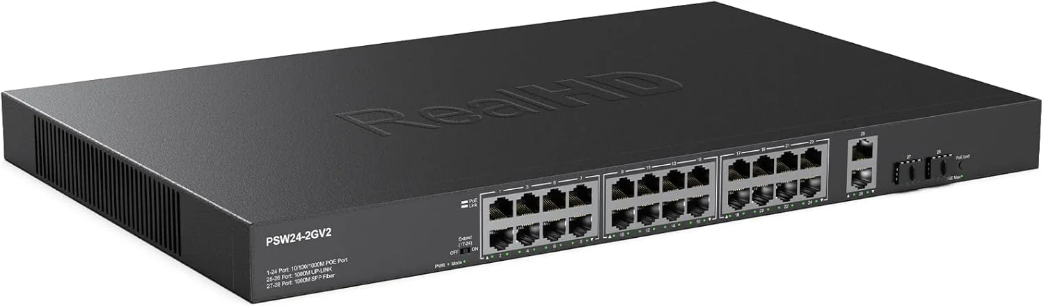 سوئیچ 24 پورت گیگابیتی PoE با 2 پورت آپلینک SFP گیگابیتی، تا 30 وات در هر پورت، استاندارد 48 ولت POE، بودجه کل 300 وات، سازگار با 803.af/at، نصب آسان، نصب رک