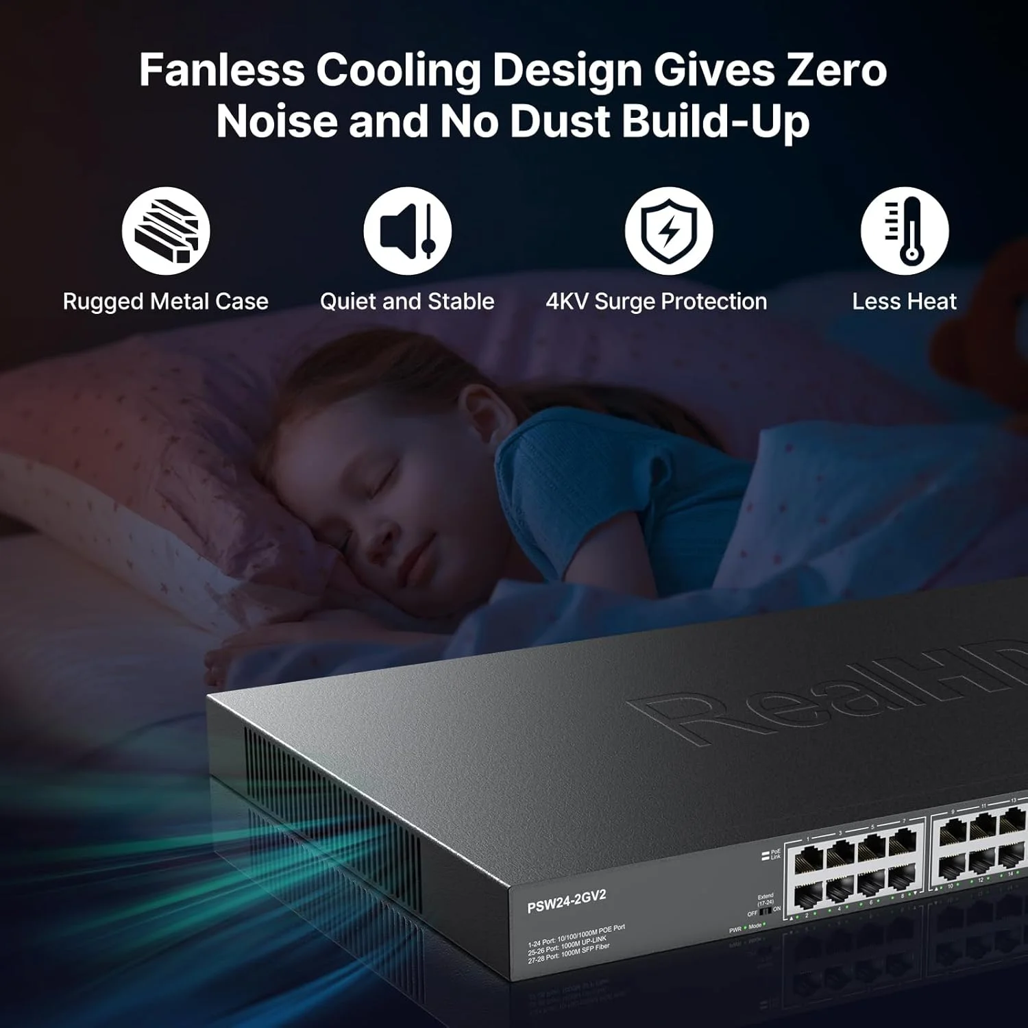 سوئیچ 24 پورت گیگابیتی PoE با 2 پورت آپلینک SFP گیگابیتی، تا 30 وات در هر پورت، استاندارد 48 ولت POE، بودجه کل 300 وات، سازگار با 803.af/at، نصب آسان، نصب رک