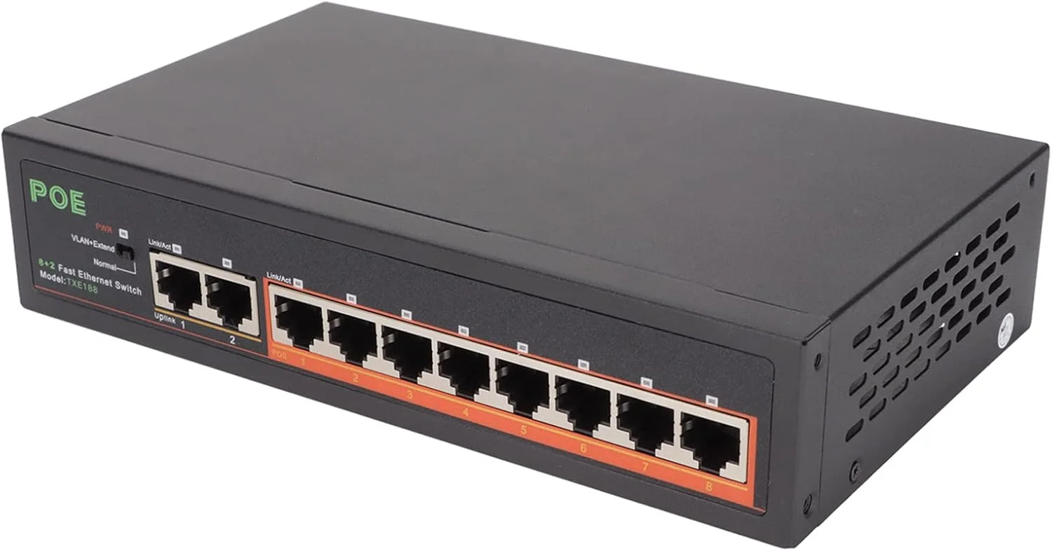 سوئیچ PoE هشت پورت پرسرعت RvSky با خروجی برق 90 وات، نشانگر LED و بدنه آلیاژ آلومینیوم - ایده آل برای شبکه و سیستم های امنیتی (UK)