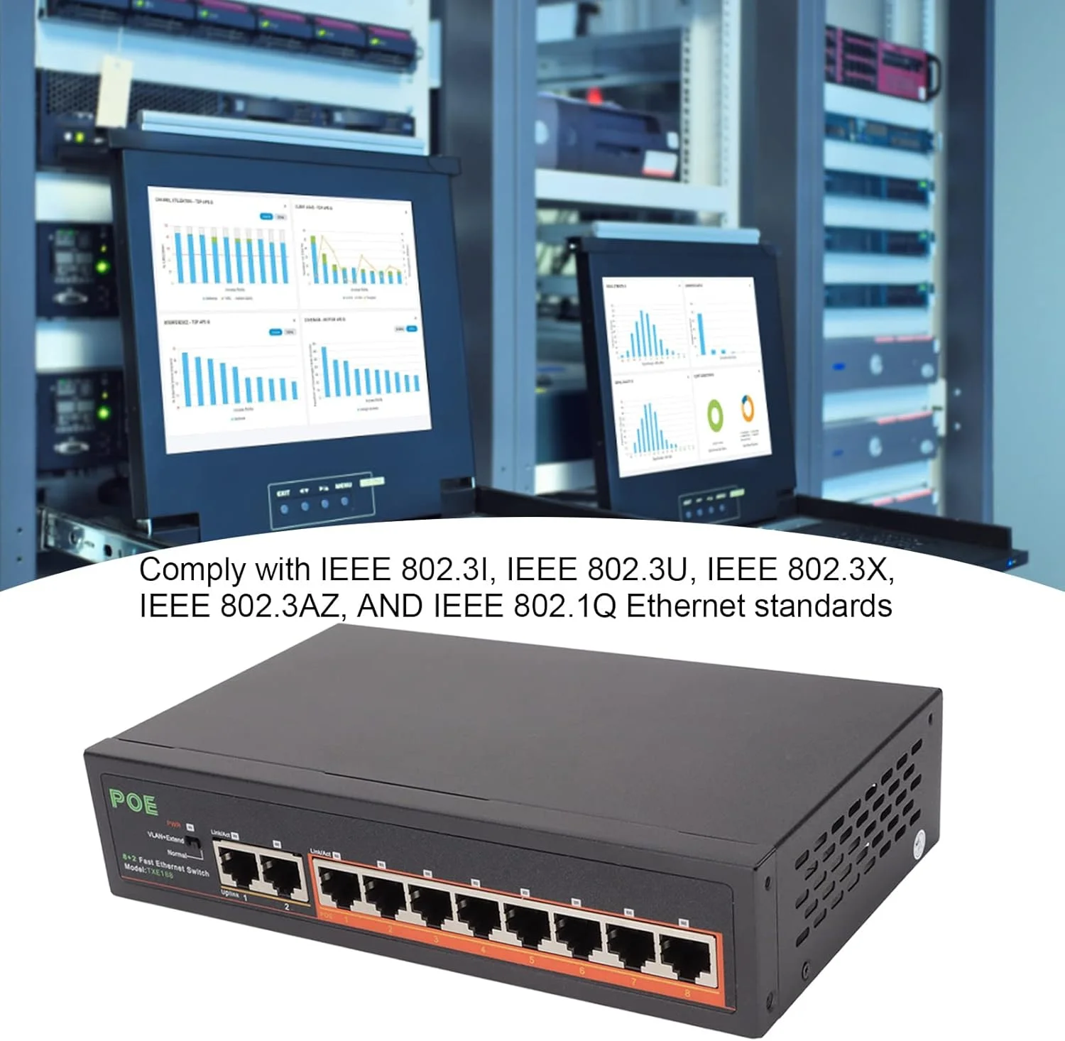 سوئیچ PoE هشت پورت پرسرعت RvSky با خروجی برق 90 وات، نشانگر LED و بدنه آلیاژ آلومینیوم - ایده آل برای شبکه و سیستم های امنیتی (UK)