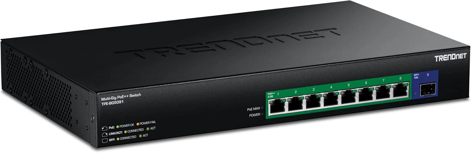 سوئیچ 9 پورت 2.5G GaN Power PoE++ ترندنت با پورت 10G SFP+ (480W)، مدل TPE-BG5091، دارای 8 پورت 2.5G PoE++، 1 پورت 10G SFP+، توان 480W، پهنای باند 60Gbps، سازگار با NDAA TAA برای استفاده های دولتی، حفاظت مادام العمر
