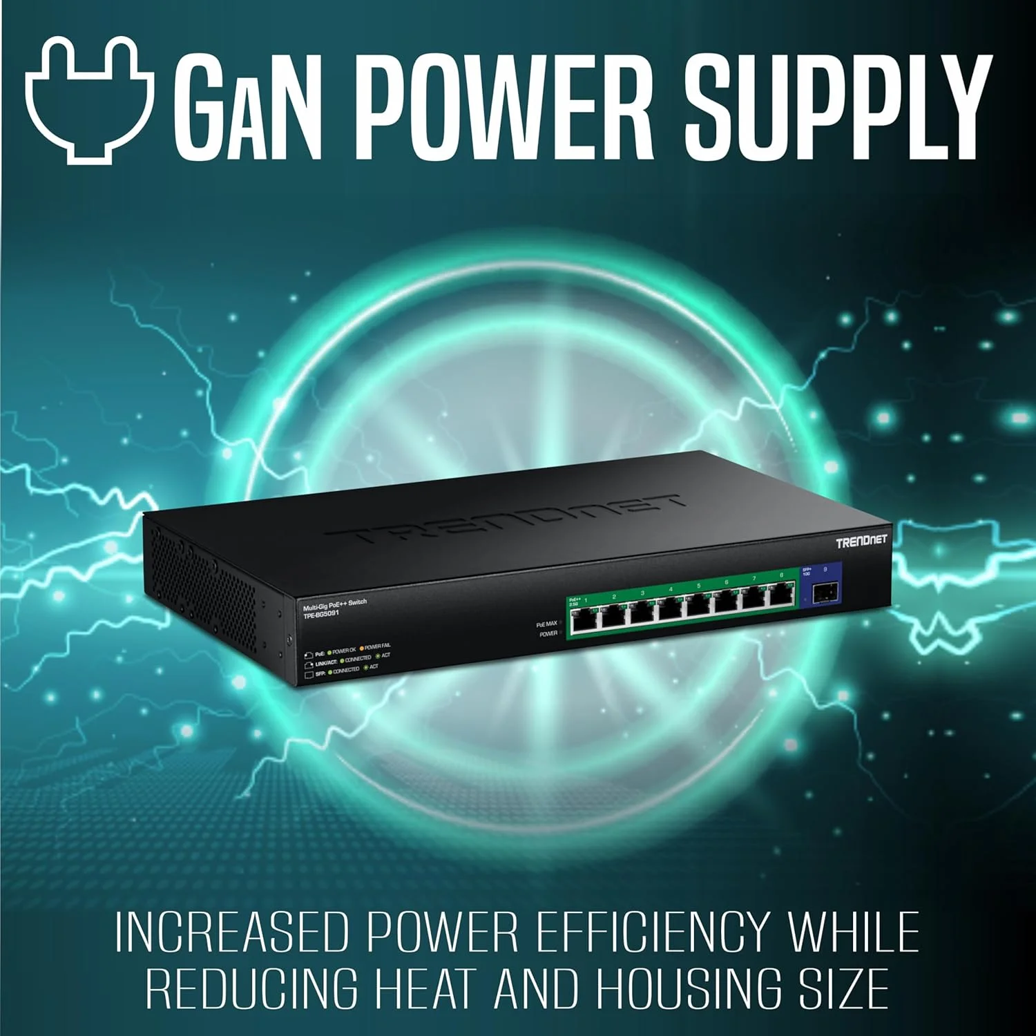سوئیچ 9 پورت 2.5G GaN Power PoE++ ترندنت با پورت 10G SFP+ (480W)، مدل TPE-BG5091، دارای 8 پورت 2.5G PoE++، 1 پورت 10G SFP+، توان 480W، پهنای باند 60Gbps، سازگار با NDAA TAA برای استفاده های دولتی، حفاظت مادام العمر