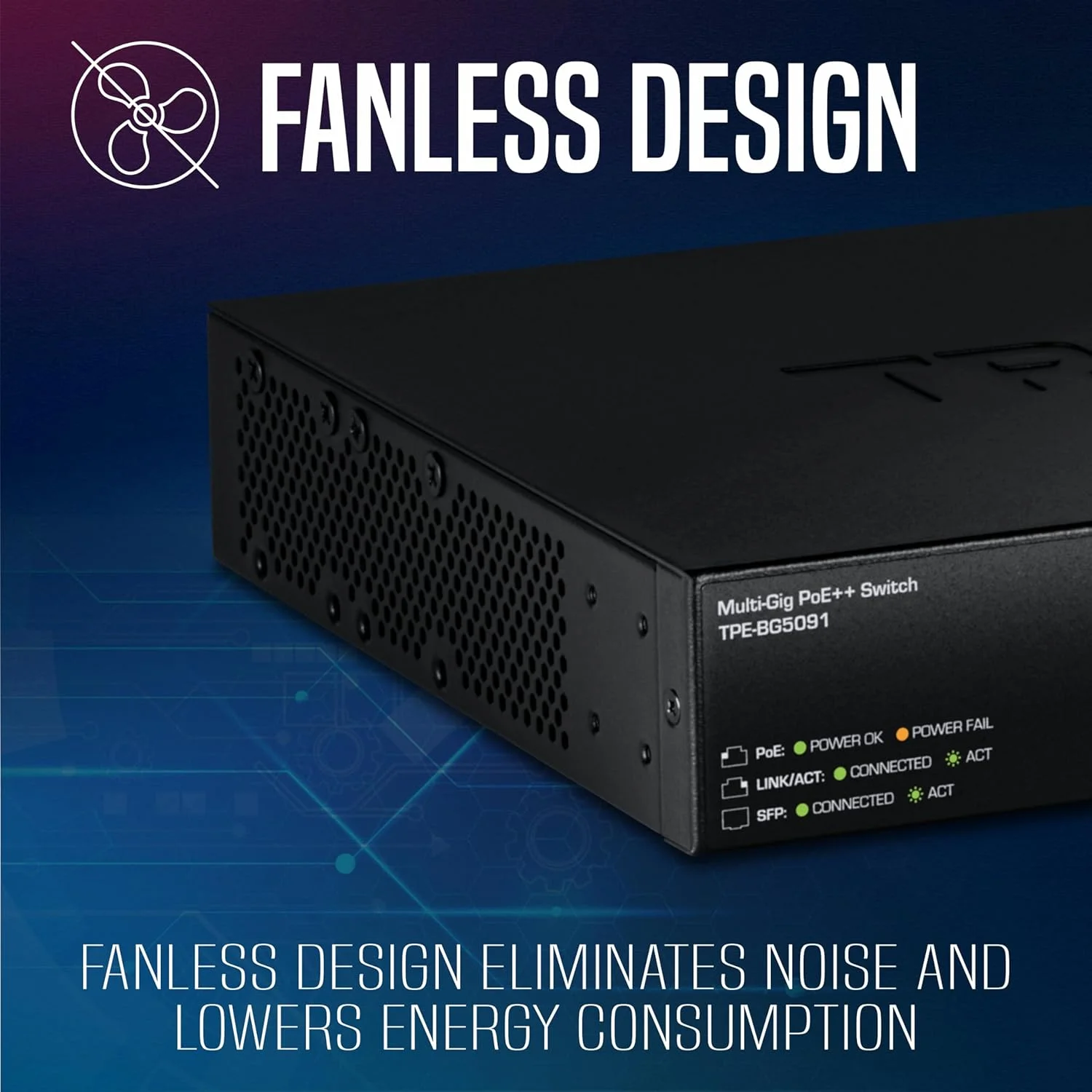 سوئیچ 9 پورت 2.5G GaN Power PoE++ ترندنت با پورت 10G SFP+ (480W)، مدل TPE-BG5091، دارای 8 پورت 2.5G PoE++، 1 پورت 10G SFP+، توان 480W، پهنای باند 60Gbps، سازگار با NDAA TAA برای استفاده های دولتی، حفاظت مادام العمر