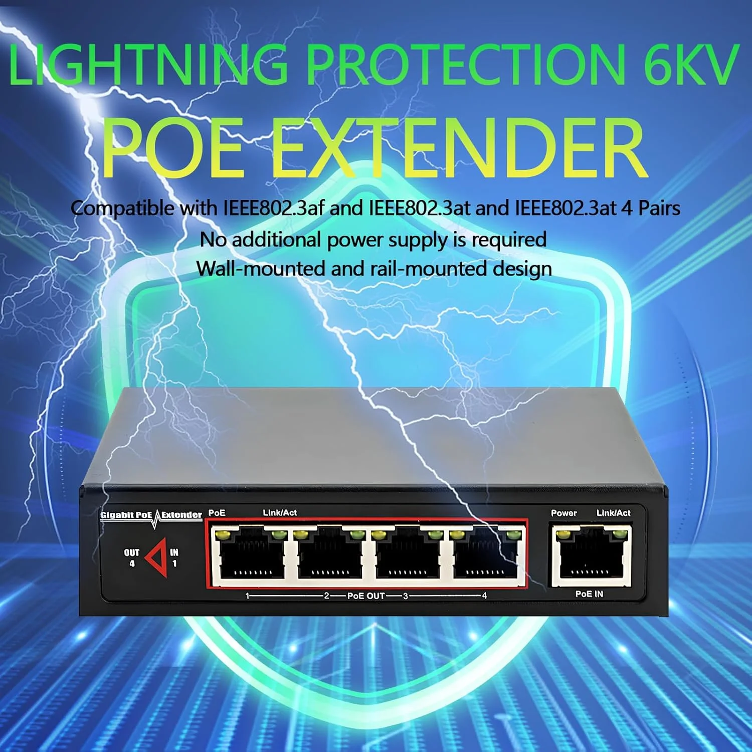 توسعه دهنده گیگابیتی پاور-بر-اترنت، سوئیچ عبور PoE، توسعه دهنده 60W PoE+ 10/100/1000 مگابیت بر ثانیه، 1 ورودی PoE++ به 4 خروجی PoE، IEEE802.3af/at/bt، محافظت 6KV در برابر صاعقه، بدون نیاز به برق