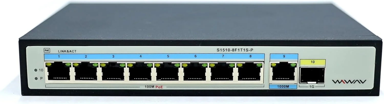 سوییچ اترنت PoE غیر مدیریتی 10/100M مدل WIWAV S1510-8F1T1S-P - برای کسب و کار، دفتر، خانه، NAS، AP، دوربین مداربسته PoE (توان داخلی 120 وات، بدنه فلزی، Plug & Play)