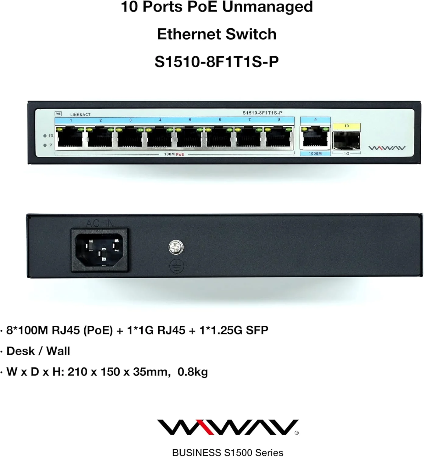 سوییچ اترنت PoE غیر مدیریتی 10/100M مدل WIWAV S1510-8F1T1S-P - برای کسب و کار، دفتر، خانه، NAS، AP، دوربین مداربسته PoE (توان داخلی 120 وات، بدنه فلزی، Plug & Play)