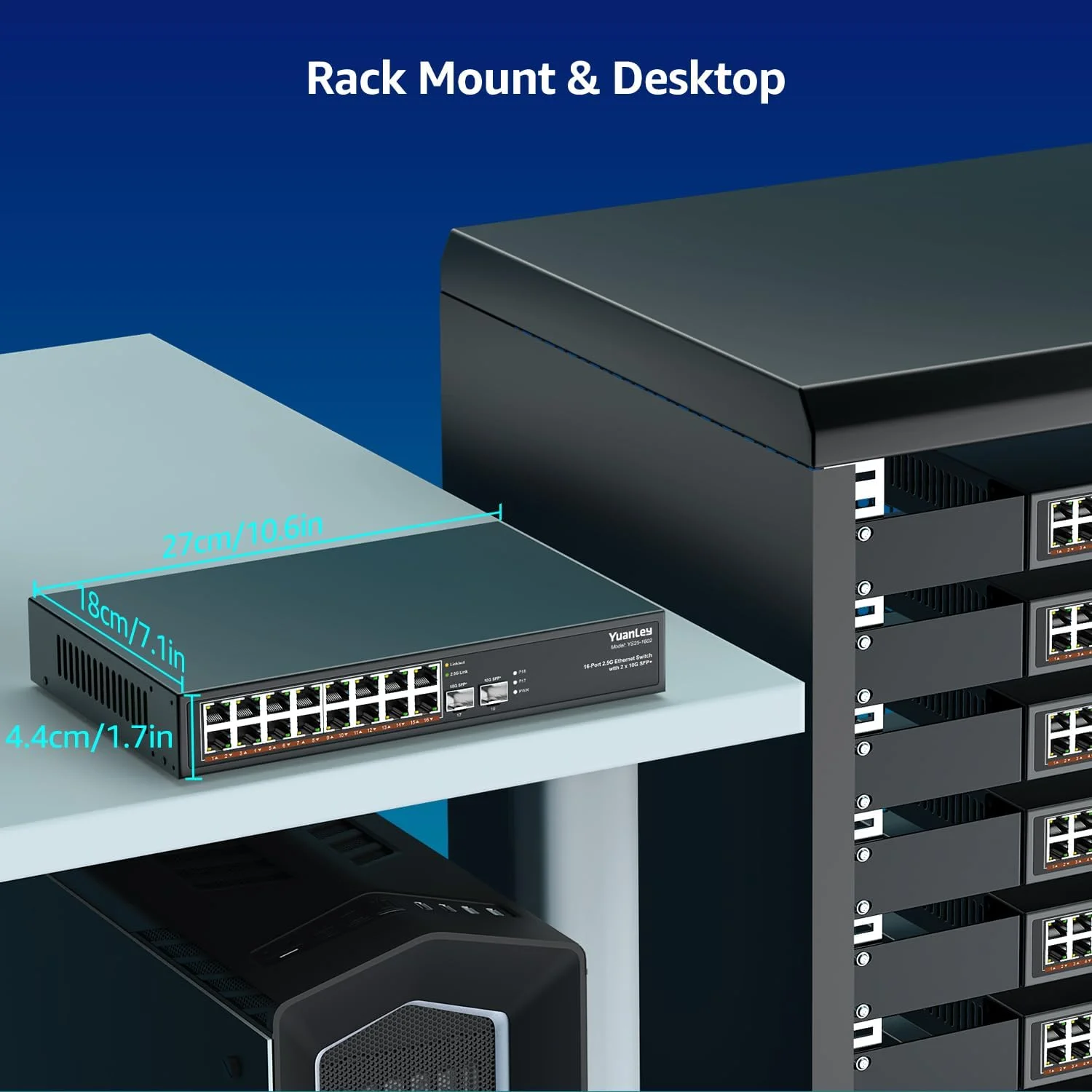 سوئیچ اترنت غیر مدیریتی YuanLey با ۱۸ پورت 2.5G، دارای ۱۶ پورت 2.5Gb Base-T و ۲ پورت 10G SFP+، سازگار با 100/1000/2500Mbps، فلزی بدون فن، سوئیچ شبکه 2.5Gbe رومیزی/قابل نصب در رک برای AP بی سیم، PC