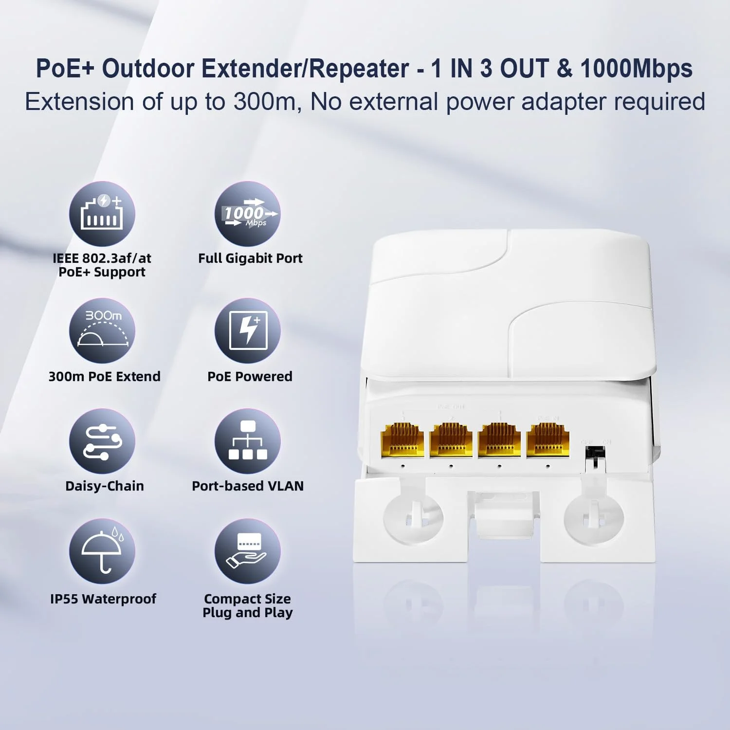 افزایش دهنده PoE گیگابیتی 4 پورت فضای باز YuLinca، 1 ورودی PoE و 3 خروجی PoE، تکرار کننده PoE IEEE 802.3 af/at 30W با سرعت 10/100/1000Mbps، سوئیچ عبور PoE ضد آب با قابلیت نصب روی دیوار