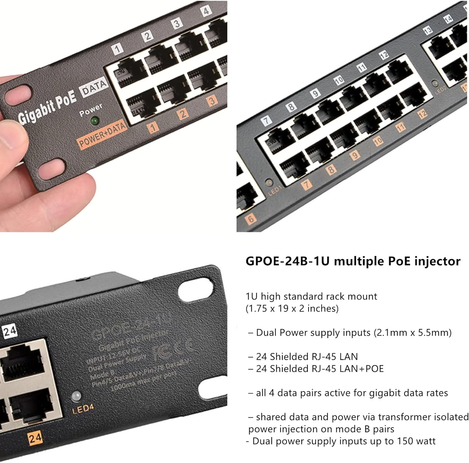 تزریق کننده گیگابیتی PoE با 24 پورت ZHANGQING با سرعت انتقال داده 10/100/1000 مگابیت بر ثانیه برای IEEE 802.3af پسیو و دارای قابلیت نصب رک 19 اینچی Power over Ethernet حالت B، بدون منبع تغذیه، GPOE-24B-1U
