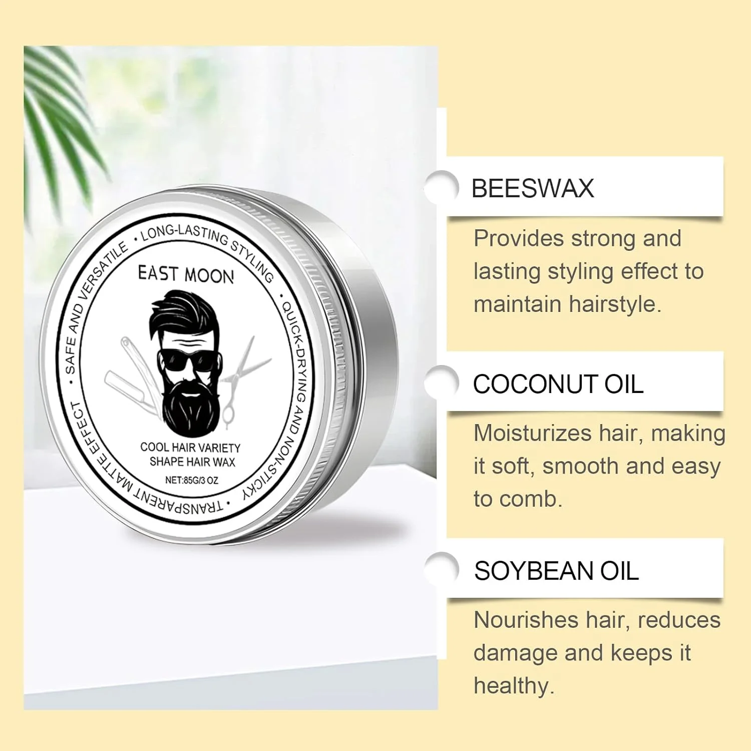 واکس موی مات برای آقایان - موم زنبور عسل و روغن نارگیل، مرطوب کننده عمیق، کاهش موخوره، قوی و ماندگار، جلوه مات، 85 گرم