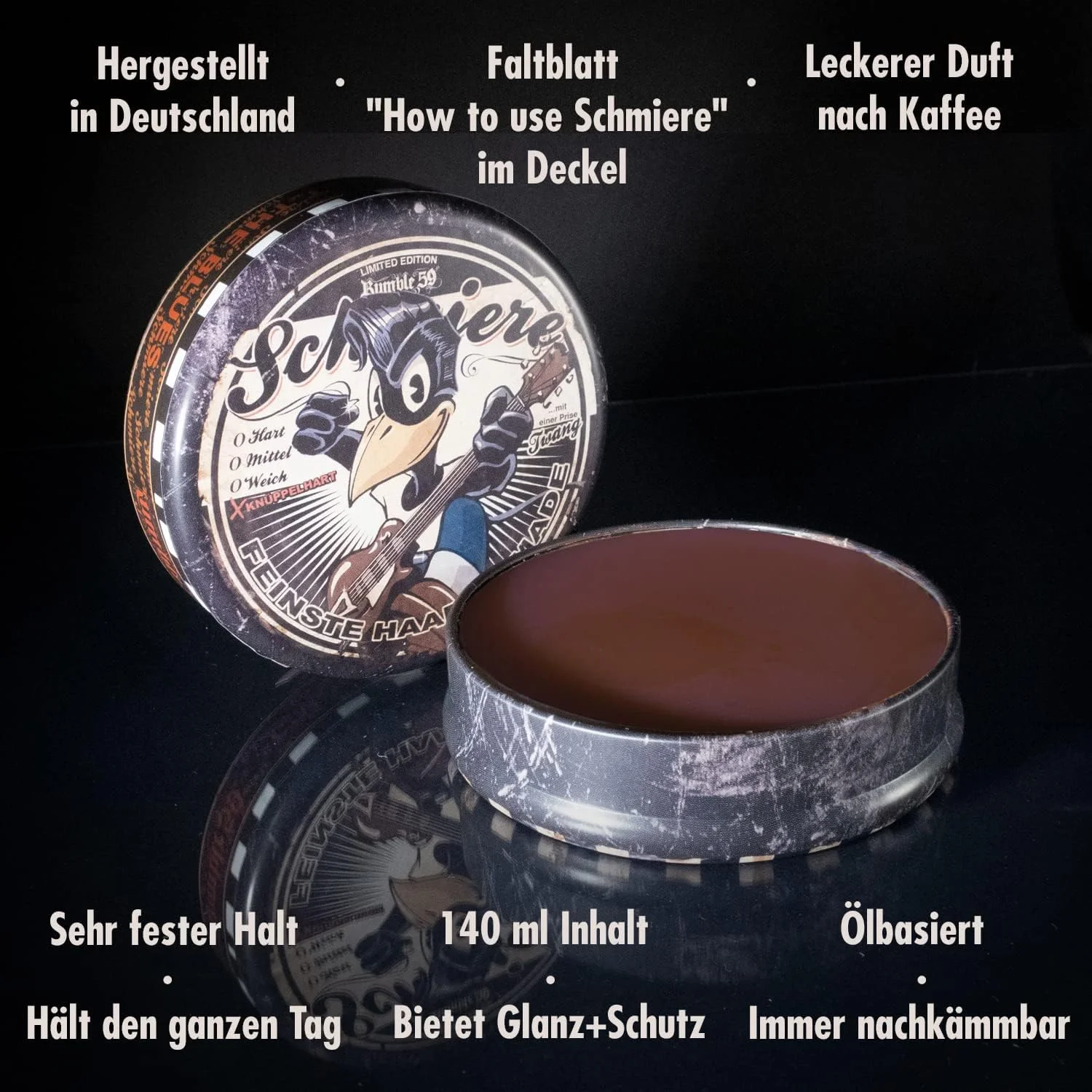 Schmiere FEINSTE HAAR-POMADE Rumble59 نسخه محدود Bullet Hard - 6 String Steve - Pomade Men - واکس مو برای موهای قوی، واکس مو حالت دهنده مو مردانه 140 میلی لیتر