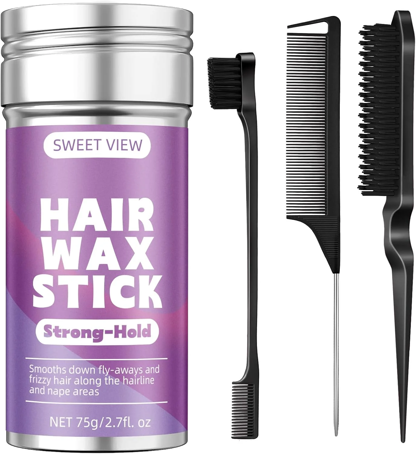 استیک واکس مو و برس حالت دهنده مو SWEET VIEW برای مرتب کردن موهای وز و ایجاد مدل موی دم اسبی و گوجه ای صاف | استیک پماد/بالم/ژل برای خانم ها، لوازم جانبی حالت دهی برای دختران و کودکان