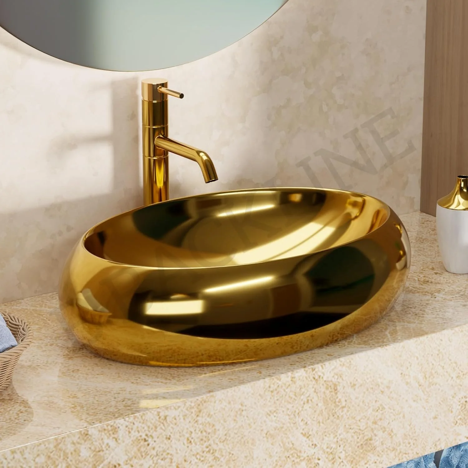 روشویی سرامیکی طرح بیضی، مناسب برای روی میز/کابینت، برای حمام و اتاق نشیمن، ابعاد 60 در 40 در 15 سانتی متر (طلایی براق)