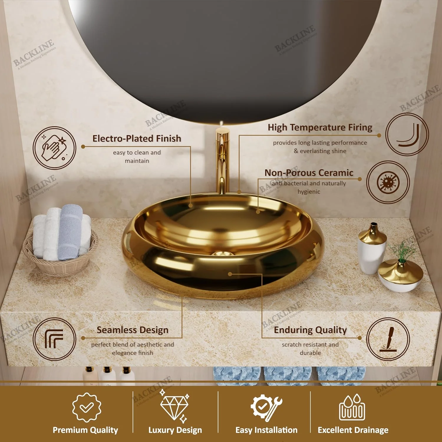 روشویی سرامیکی طرح بیضی، مناسب برای روی میز/کابینت، برای حمام و اتاق نشیمن، ابعاد 60 در 40 در 15 سانتی متر (طلایی براق)