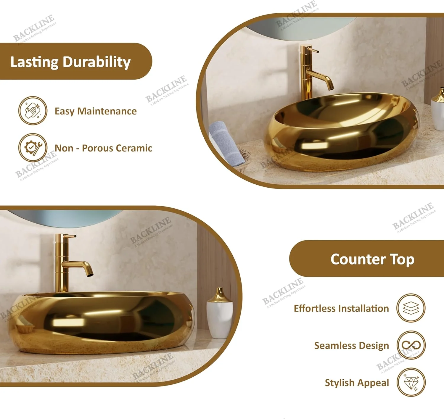 روشویی سرامیکی طرح بیضی، مناسب برای روی میز/کابینت، برای حمام و اتاق نشیمن، ابعاد 60 در 40 در 15 سانتی متر (طلایی براق)