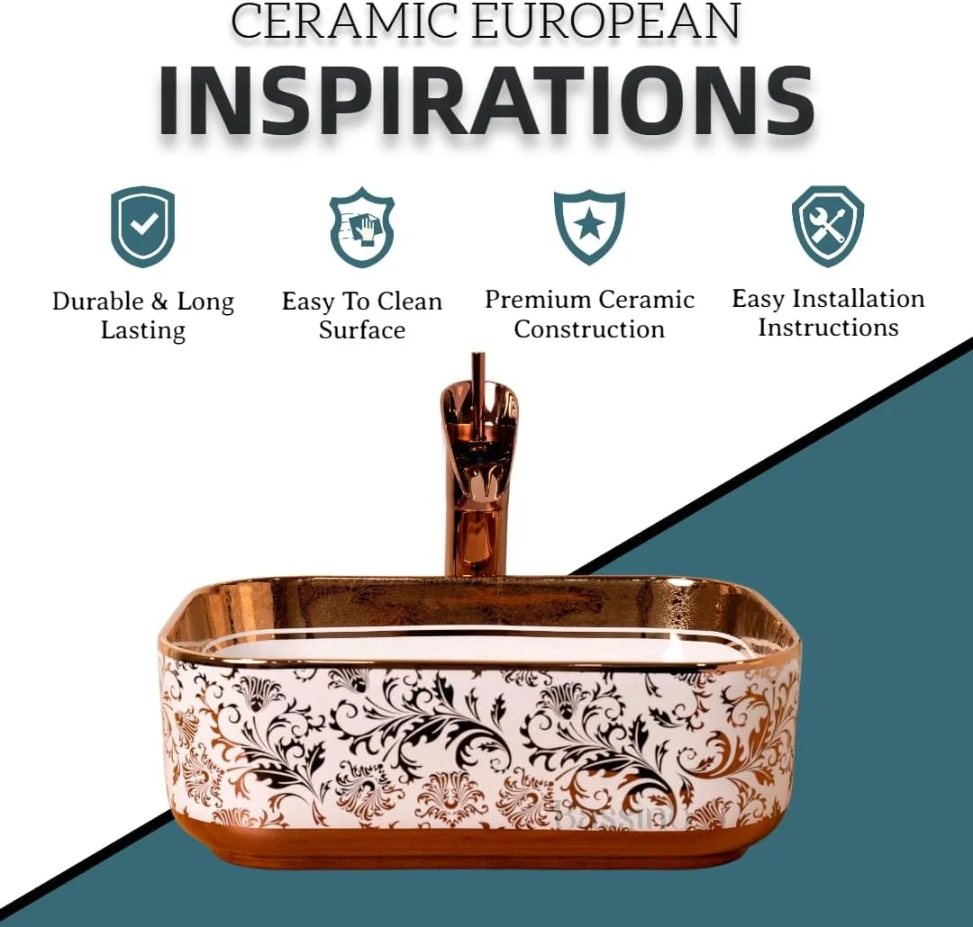 روشویی سرامیکی BASSINO مناسب روی کابینت یا میز، (سفید و طرح سنگ مرمر طلایی) (400X300X140 میلی متر)