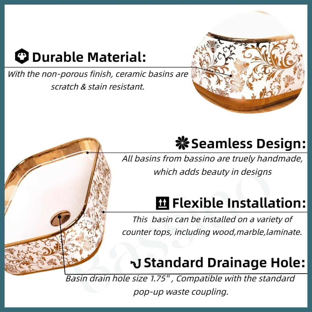روشویی سرامیکی BASSINO مناسب روی کابینت یا میز، (سفید و طرح سنگ مرمر طلایی) (400X300X140 میلی متر)
