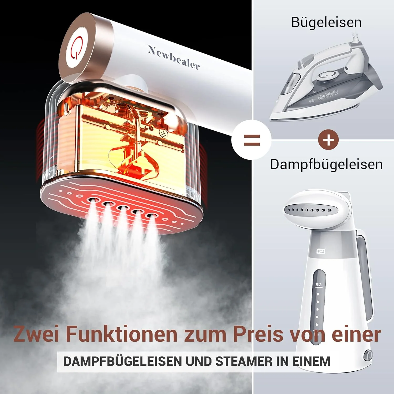 اتو بخار دستی نیوبیلر، 1200 وات، 120 میلی لیتر، اتو بخار مسافرتی با برس بخار برای اتو کردن لباس و پیراهن، گرم شدن سریع در 20 ثانیه، بخاردهی افقی و عمودی، 2 سطح بخار