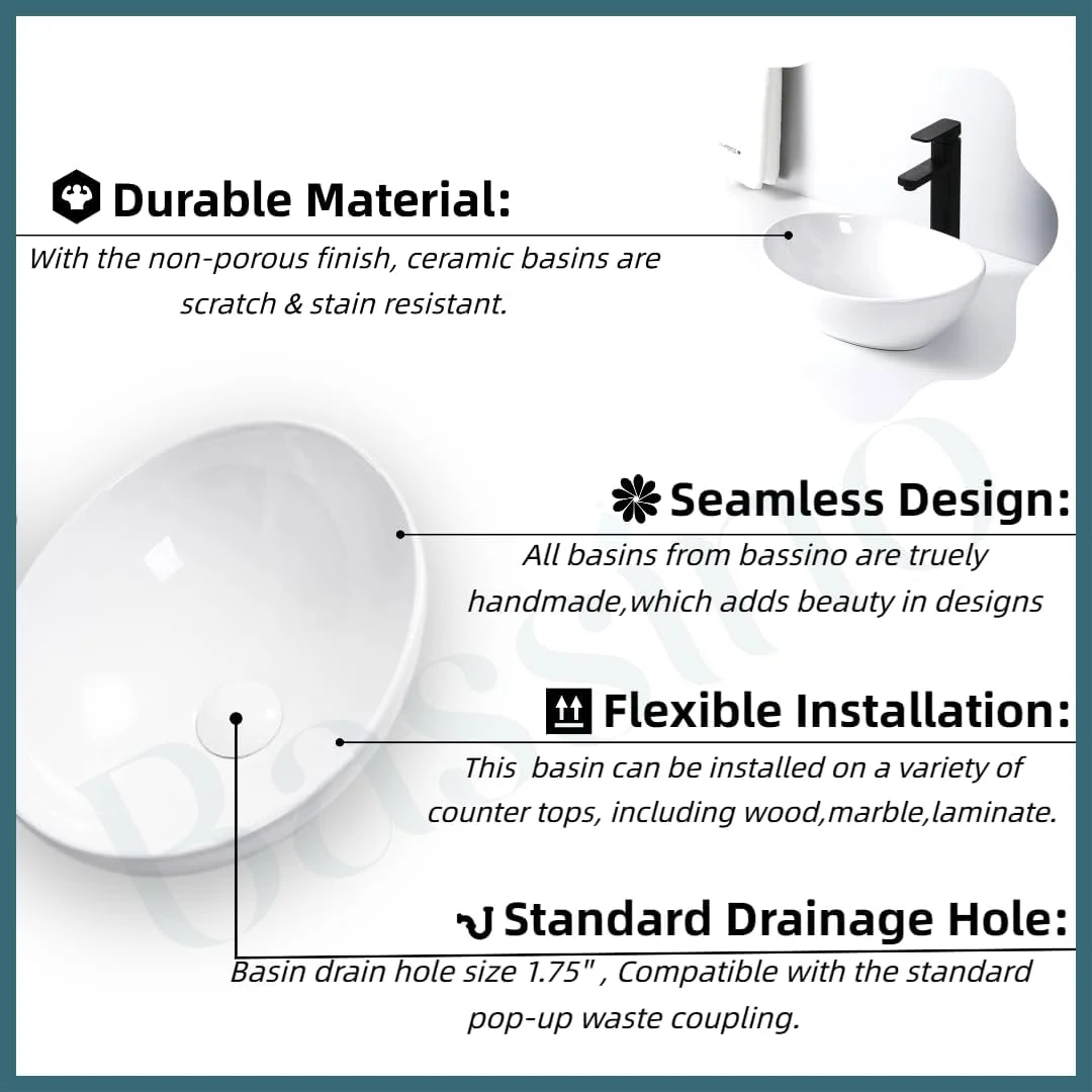روشویی سرامیکی BASSINO مناسب روی کابینت یا میز، مناسب حمام. روشویی سایز کوچک (410x340x145 میلی‌متر)