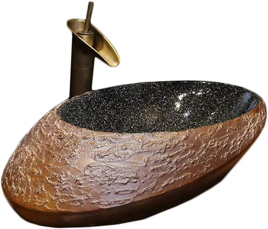 روشویی سرامیکی، حوضچه روشویی خلاقانه سنگی، روشویی سرامیکی روکار، روشویی با شخصیت رترو (رنگ: قهوه ای، اندازه: B60*38*15CM)