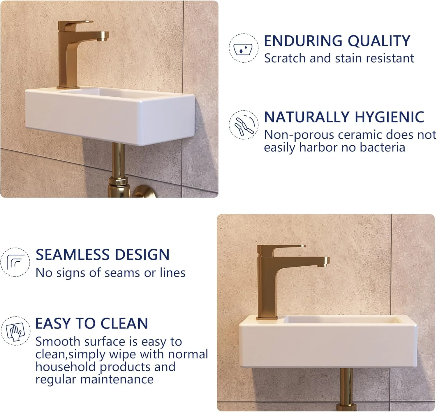 روشویی دیواری کوچک DeerValley، روشویی مستطیلی مینیاتوری برای سرویس بهداشتی، طراحی صرفه جویی در فضا، روشویی سرامیکی سفید با تمیز کردن آسان (دست چپ)