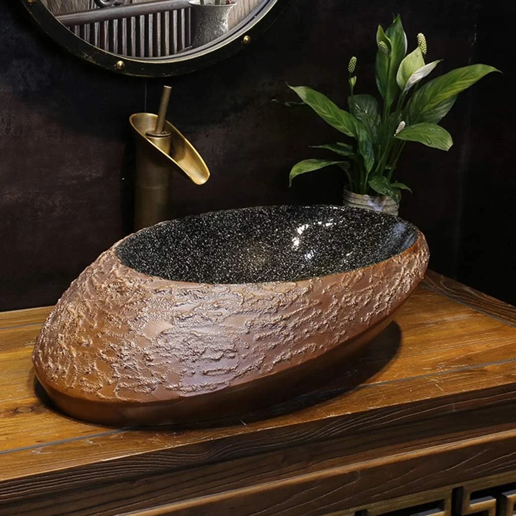 روشویی سرامیکی، حوضچه روشویی خلاقانه سنگی، روشویی سرامیکی روکار، روشویی با شخصیت رترو (رنگ: قهوه ای، اندازه: B60*38*15CM)