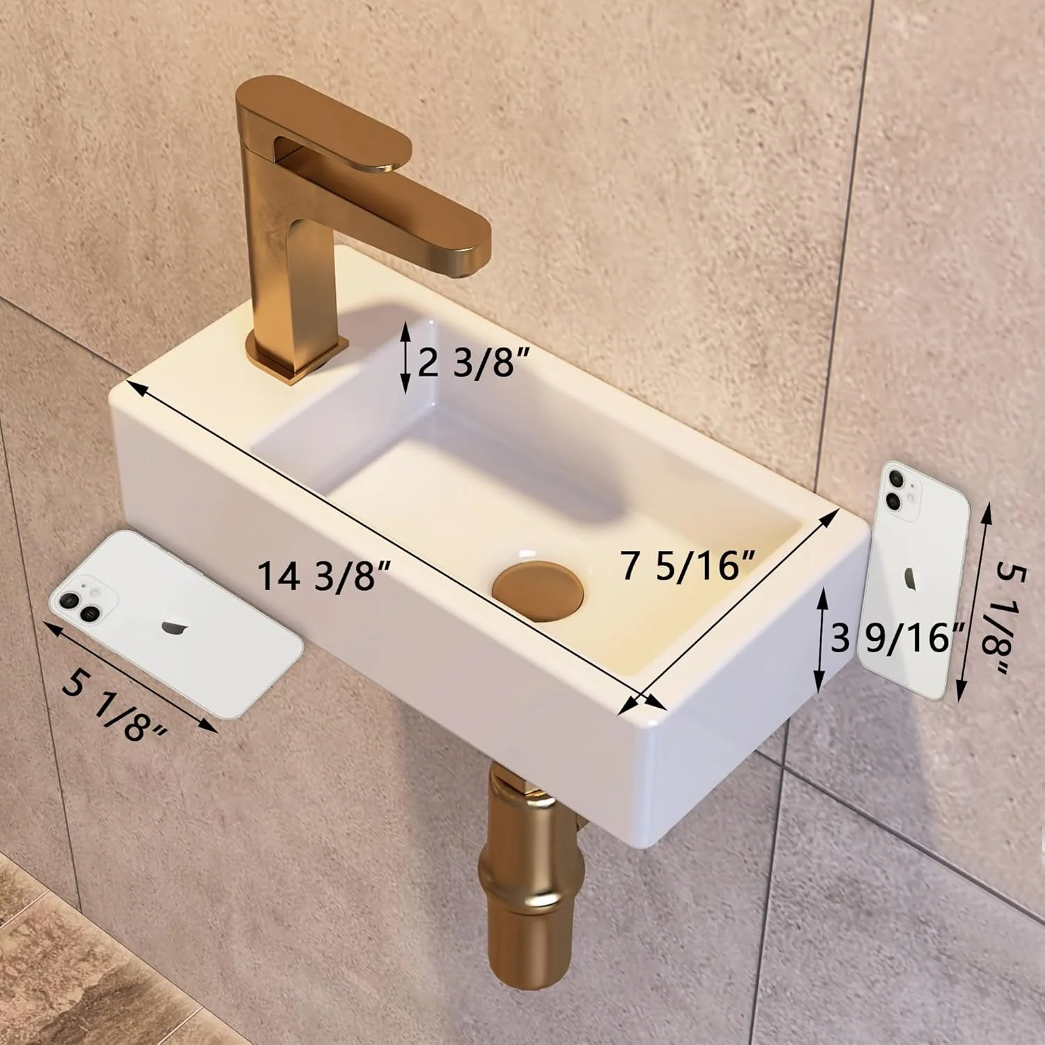 روشویی دیواری کوچک DeerValley، روشویی مستطیلی مینیاتوری برای سرویس بهداشتی، طراحی صرفه جویی در فضا، روشویی سرامیکی سفید با تمیز کردن آسان (دست چپ)