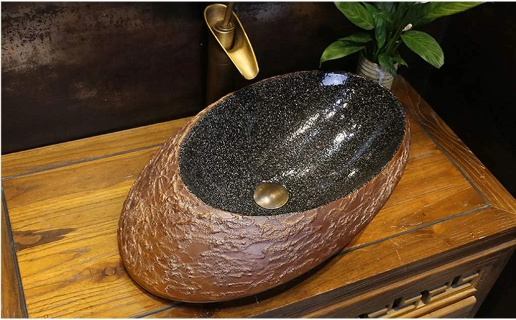 روشویی سرامیکی، حوضچه روشویی خلاقانه سنگی، روشویی سرامیکی روکار، روشویی با شخصیت رترو (رنگ: قهوه ای، اندازه: B60*38*15CM)