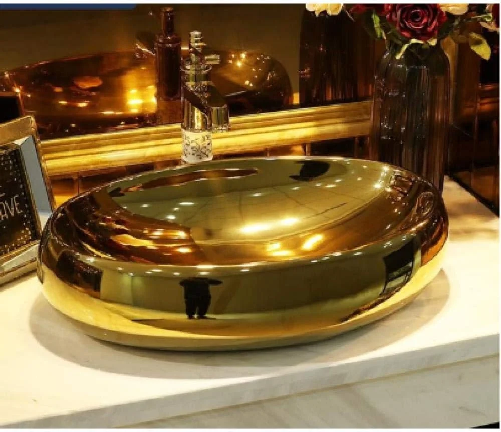 روشویی گرانیتی، روشویی کاسه ای، روشویی سرامیکی طرح بیضی شکل با روکش طلایی - مدل B (فقط سینک)