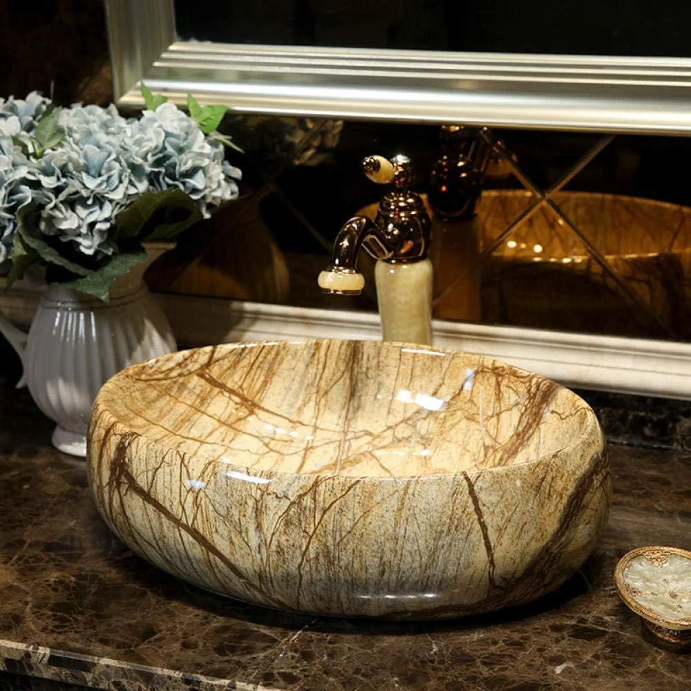 سینک روشویی کاسه ای کلارکرن، سینک سرامیکی کوچک بیضی شکل جینگدژن، سینک روشویی سرامیکی قهوه ای